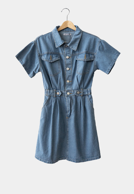 Women Short Shirt Dress - Blue - H1W241