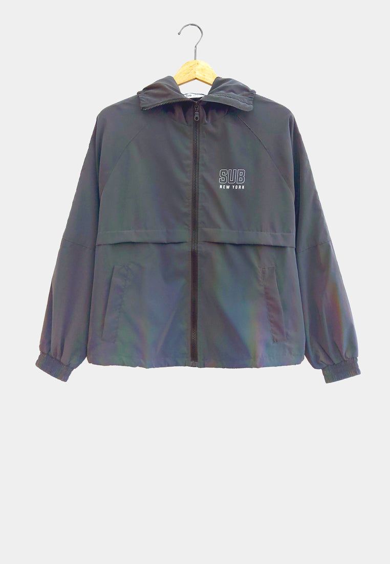 Women Reflective Effect Hoodies Jacket - Grey - H1W222