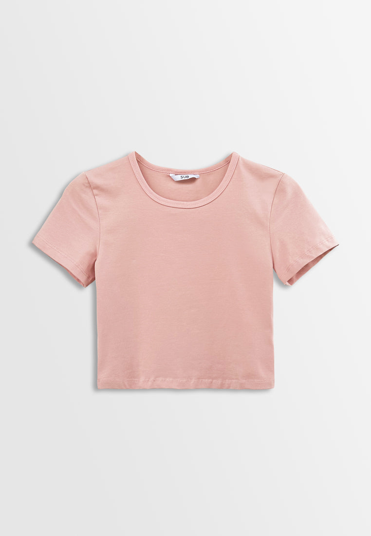 Women Short-Sleeve Crop Top Tee - Pink - H2W470