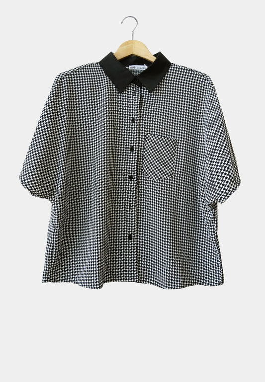 Women Houndstooth Fashion Shirt - Black - H1W202