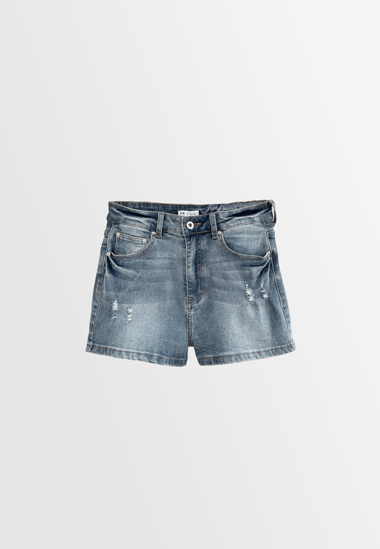 Women Ripped Short Jeans - Light Blue - H2W435