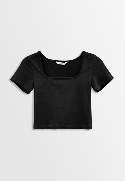 Women Short-Sleeve Crop Top Tee - Black - H2W465