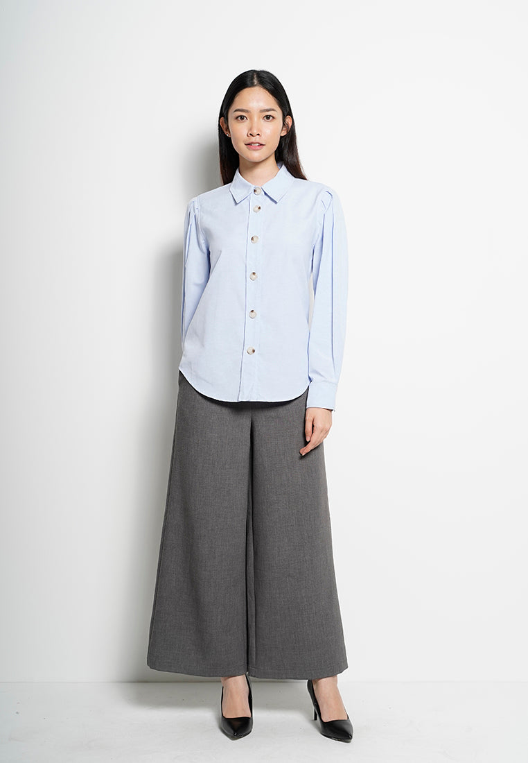 Women Pleated Long-Sleeve Shirt - Blue - H0W749