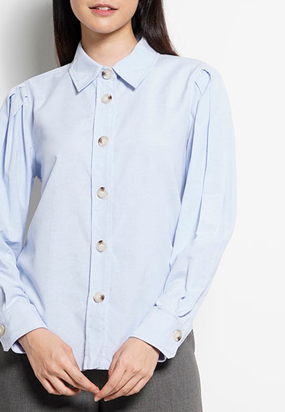 Women Pleated Long-Sleeve Shirt - Blue - H0W749