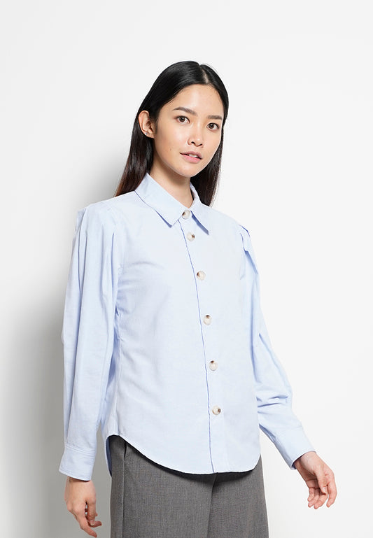 Women Pleated Long-Sleeve Shirt - Blue - H0W749