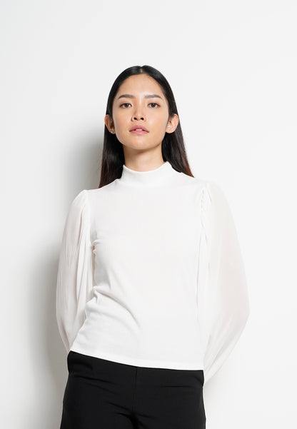 Women High Neck Long-Sleeve Blouse - White - H0W748