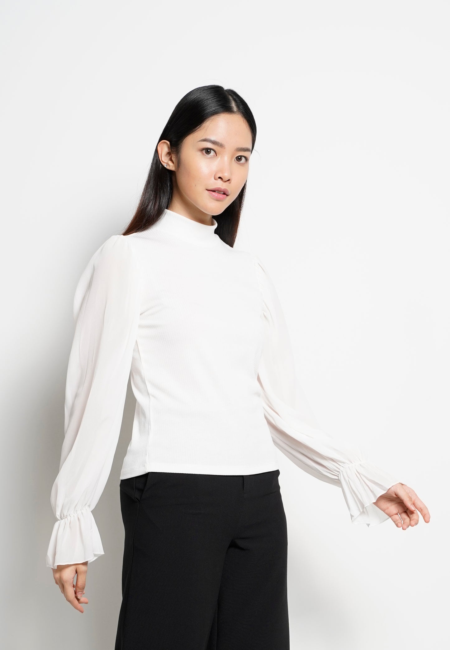 Women High Neck Long-Sleeve Blouse - White - H0W748