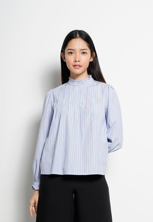 Women Striped Frill Neck Long-Sleeve Blouse - Blue - H0W745