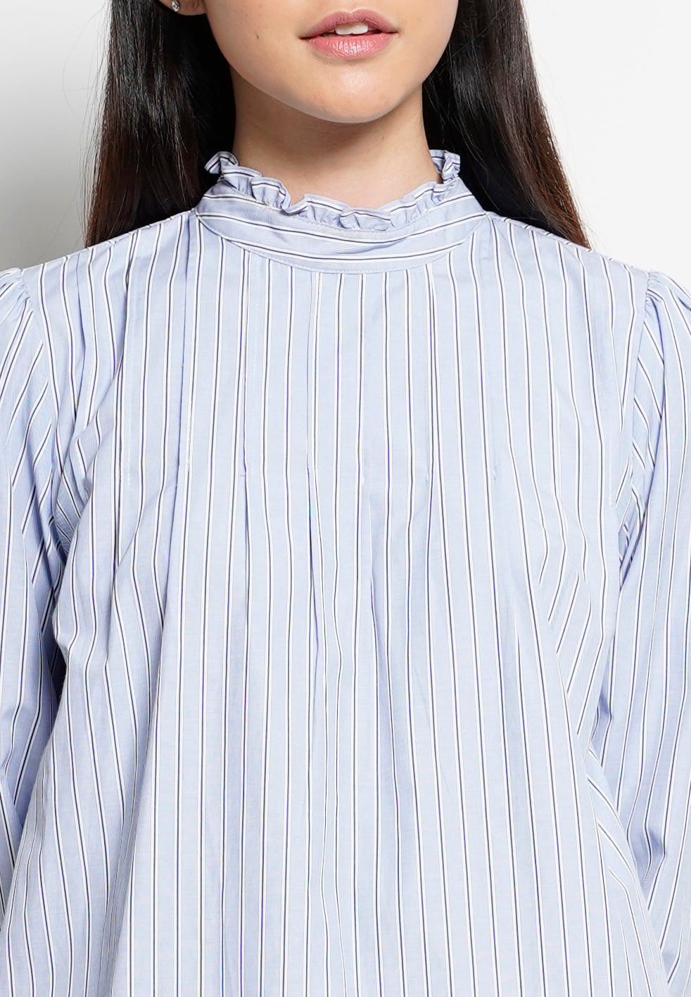 Women Striped Frill Neck Long-Sleeve Blouse - Blue - H0W745