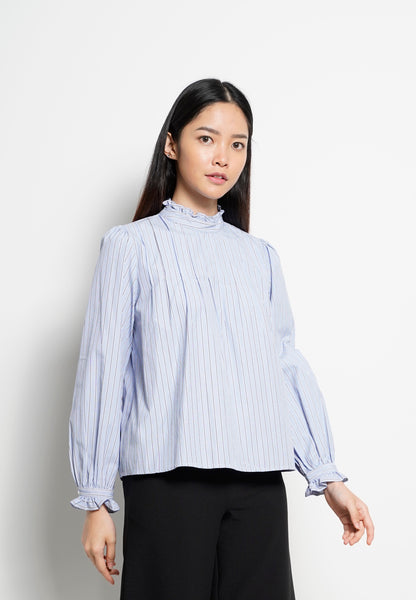 Women Striped Frill Neck Long-Sleeve Blouse - Blue - H0W745