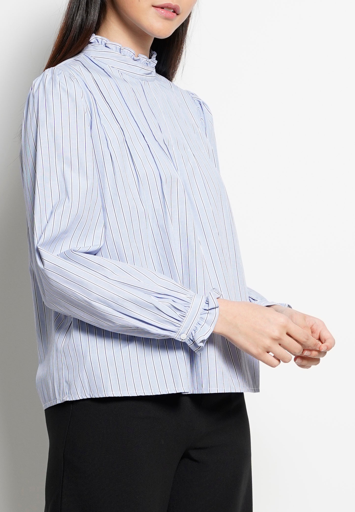 Women Striped Frill Neck Long-Sleeve Blouse - Blue - H0W745