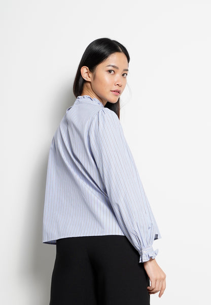 Women Striped Frill Neck Long-Sleeve Blouse - Blue - H0W745