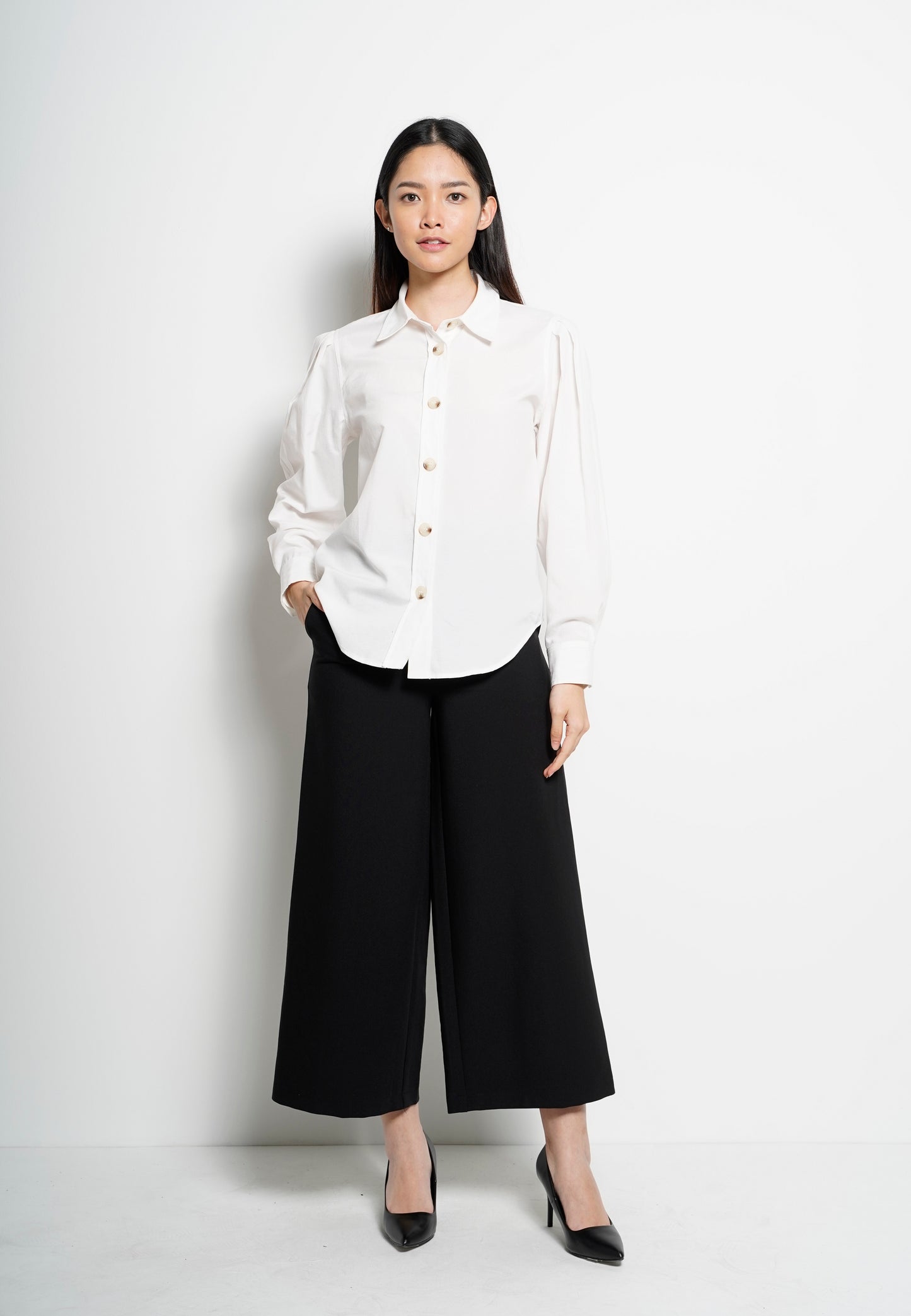 Women Pleated Long-Sleeve Shirt - White - H0W822