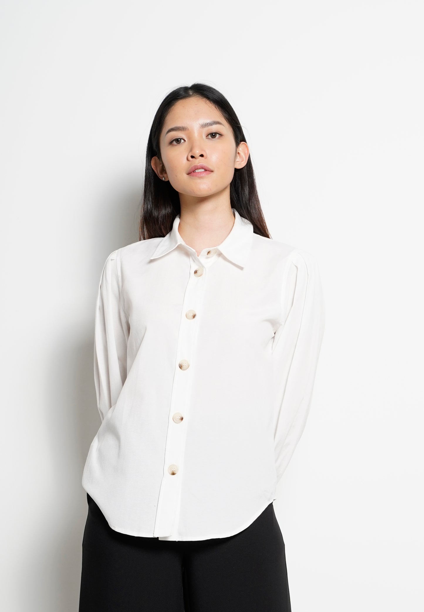 Women Pleated Long-Sleeve Shirt - White - H0W822