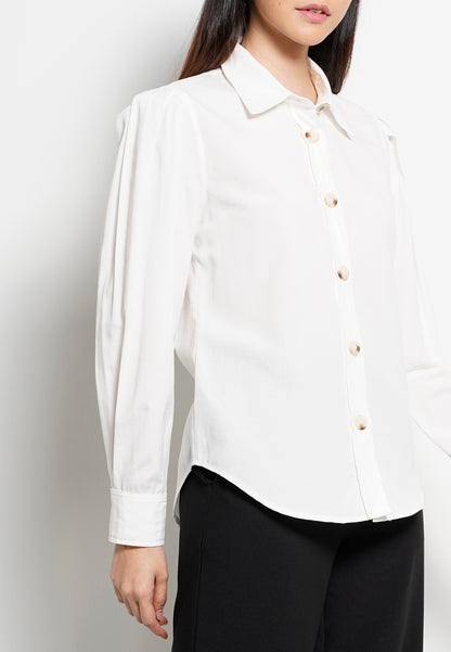 Women Pleated Long-Sleeve Shirt - White - H0W822