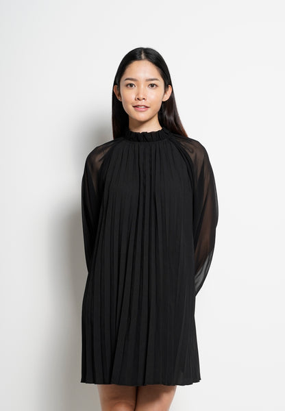 Women Long Sleeve Pleated Dress - Black - H0W753