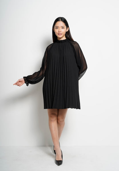 Women Long Sleeve Pleated Dress - Black - H0W753