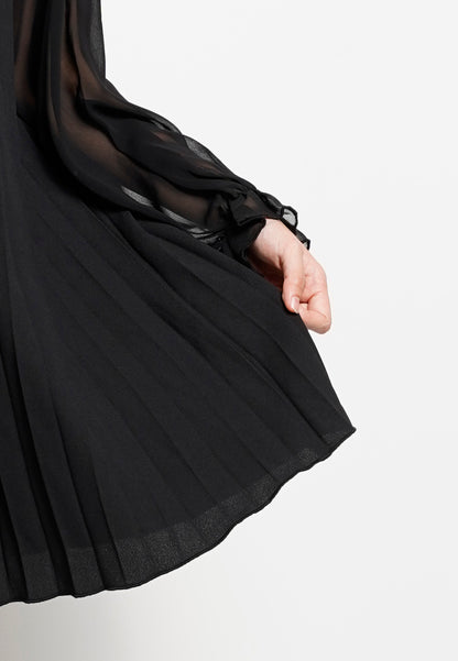 Women Long Sleeve Pleated Dress - Black - H0W753