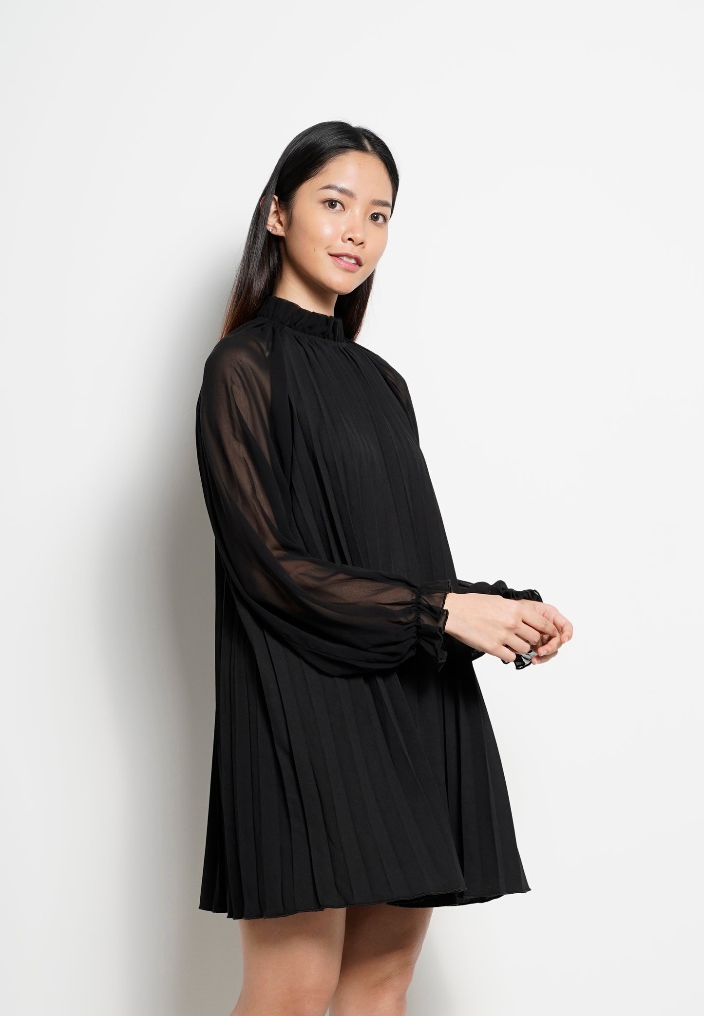 Women Long Sleeve Pleated Dress - Black - H0W753