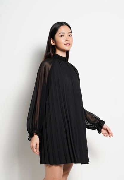 Women Long Sleeve Pleated Dress - Black - H0W753