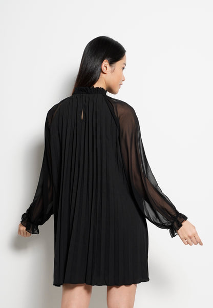 Women Long Sleeve Pleated Dress - Black - H0W753