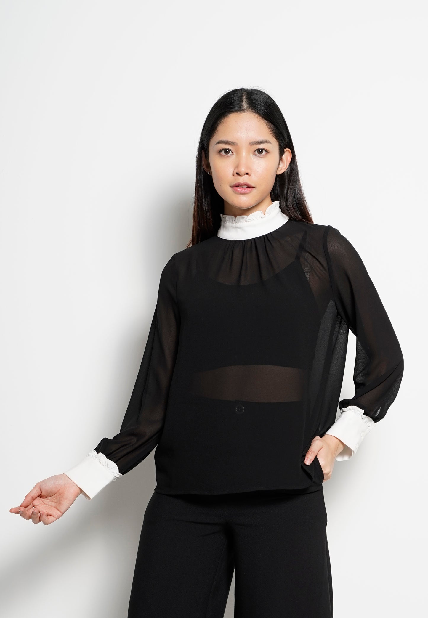 Women Frills Neck Long-Sleeve Blouse - Black - H0W751