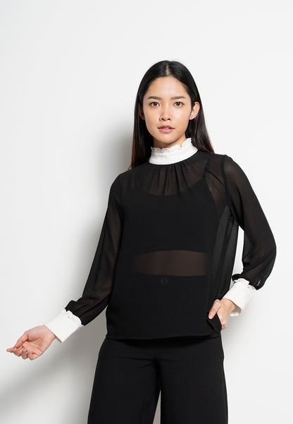 Women Frills Neck Long-Sleeve Blouse - Black - H0W751