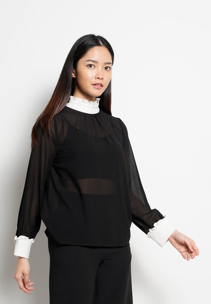 Women Frills Neck Long-Sleeve Blouse - Black - H0W751