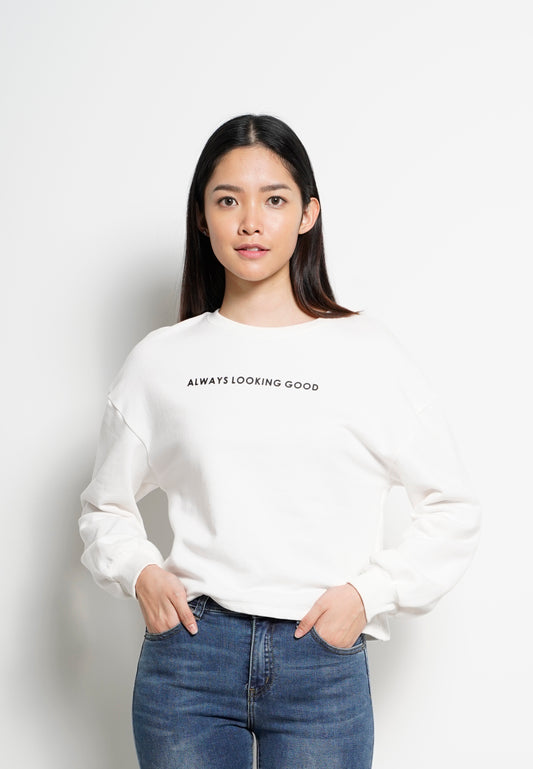 Women Round Neck Long-Sleeve Sweatshirt  - White - H0W830