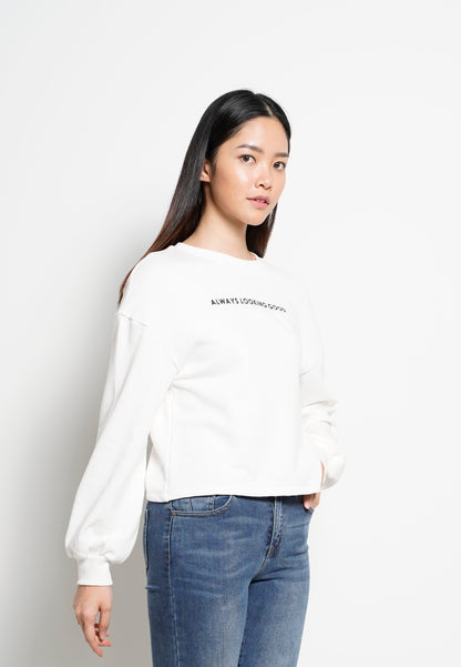 Women Round Neck Long-Sleeve Sweatshirt  - White - H0W830