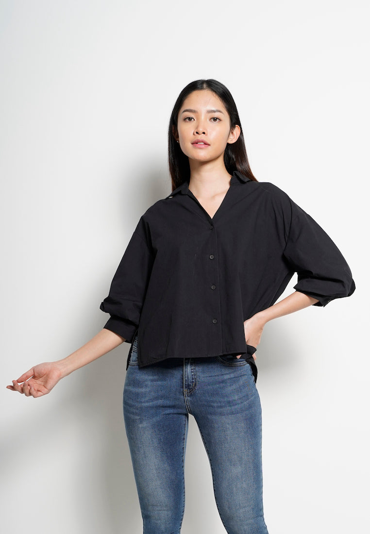 Women Bishop Sleeve Blouse - Black - H0W833