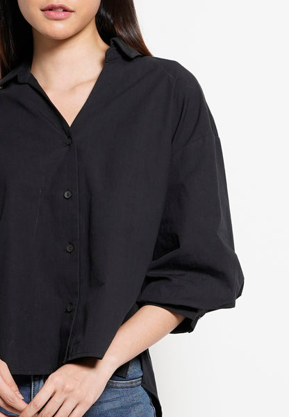 Women Bishop Sleeve Blouse - Black - H0W833