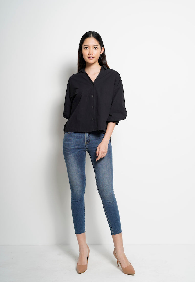 Women Bishop Sleeve Blouse - Black - H0W833