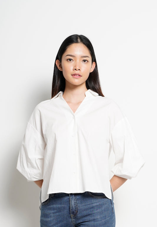 Women Bishop Sleeve Blouse - White - H0W832