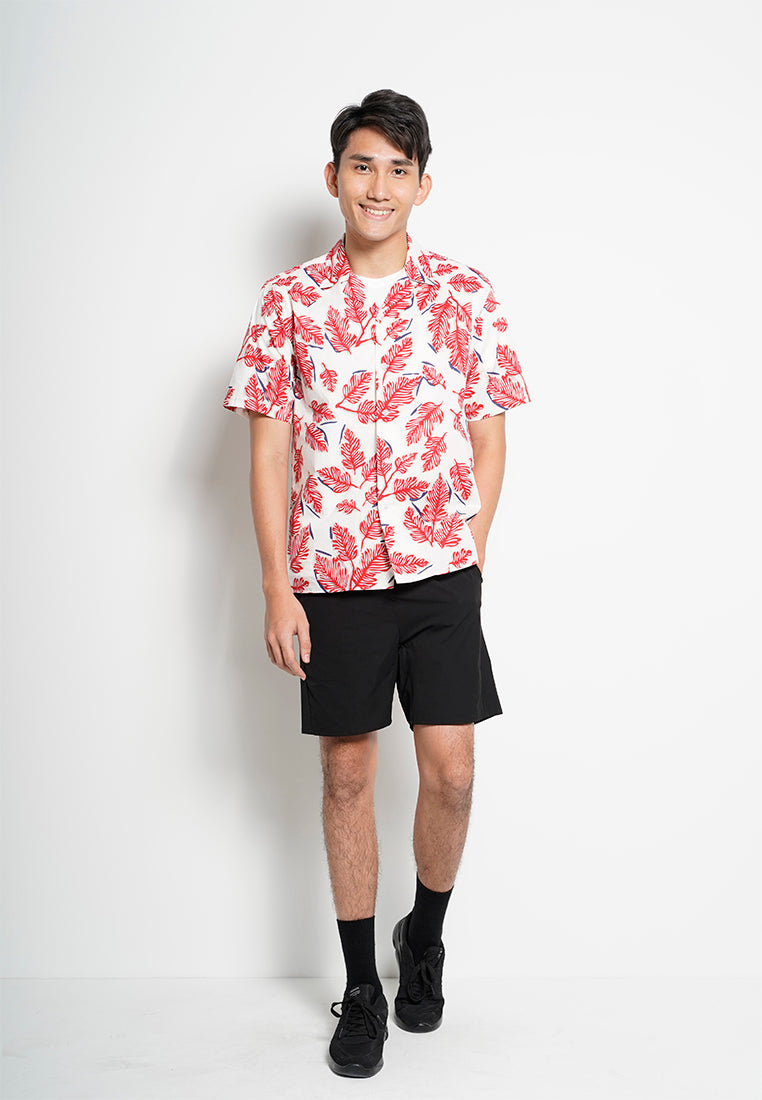 Men Short-Sleeve Camp Collar Printed Cotton-Voile Shirt - Red - H0M749