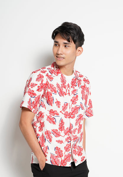 Men Short-Sleeve Camp Collar Printed Cotton-Voile Shirt - Red - H0M749