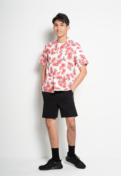 Men Short-Sleeve Camp Collar Printed Cotton-Voile Shirt - Red - H0M749