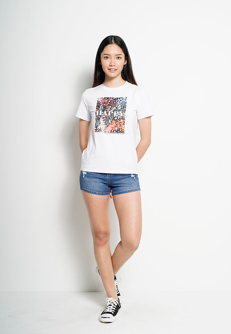 Women Short Sleeve Graphic Tee - White - H0W796