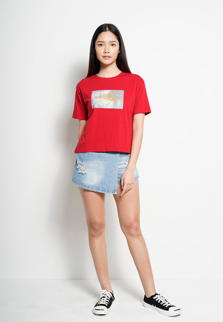 Women Short Sleeve Fashion Tee - Red -  H0W800