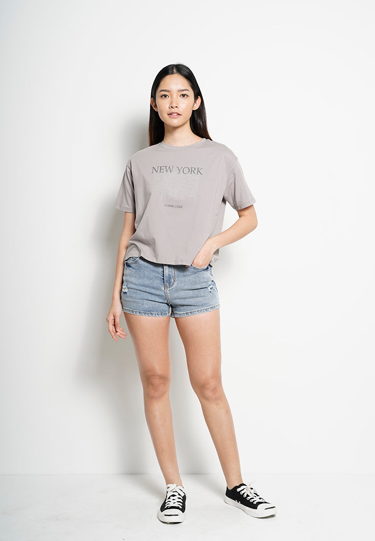 Women Short-Sleeve Fashion Tee - Grey - H0W911