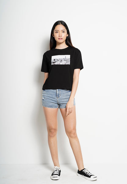 Women Short-Sleeve Fashion Tee - Black - H0W913