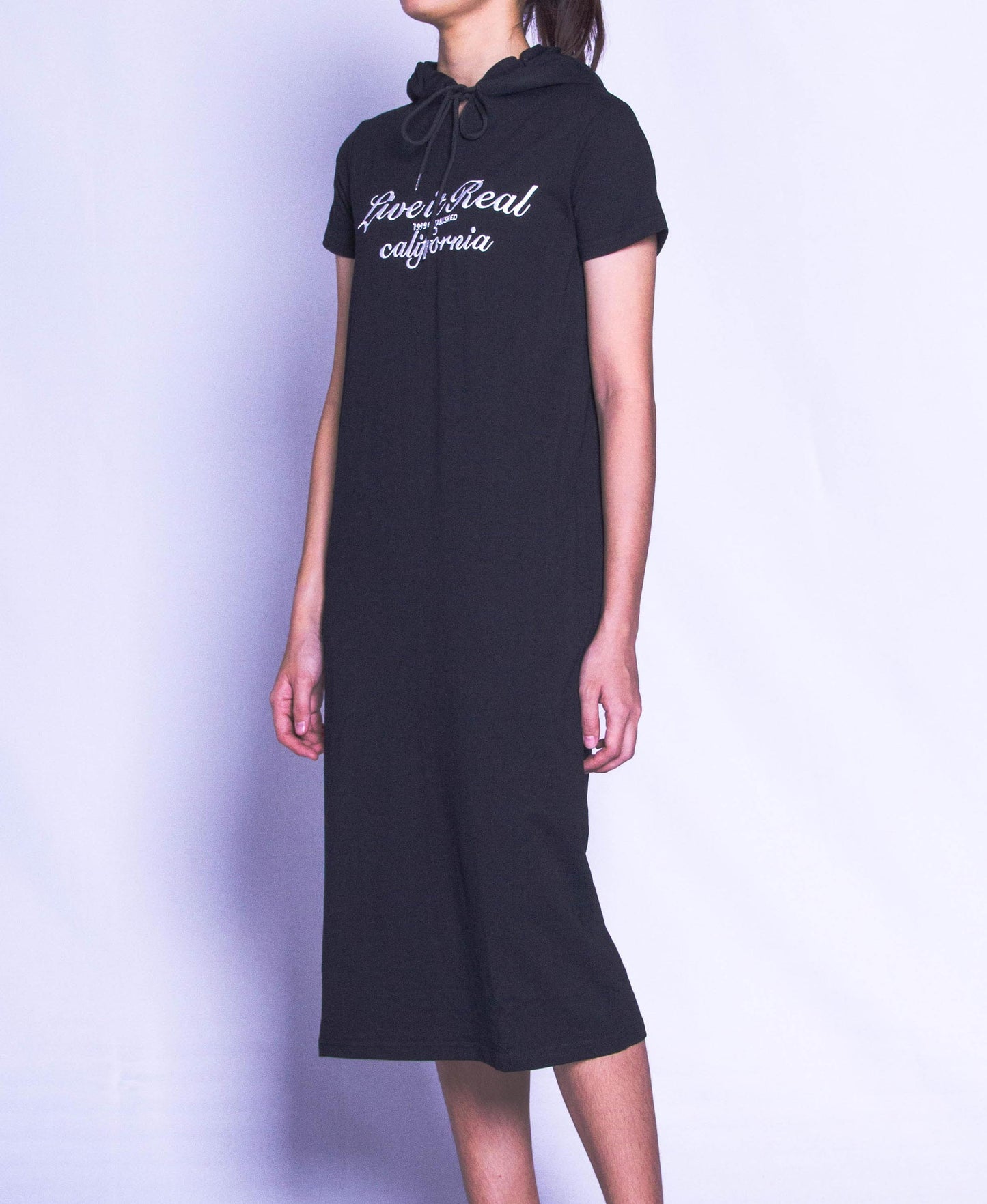 Women Short-Sleeve Sweatshirt Hoodie Dress - Black - H9W289