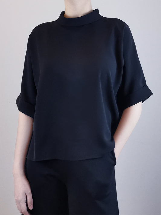 Women Rolled Collared Blouse - Black - M0W447