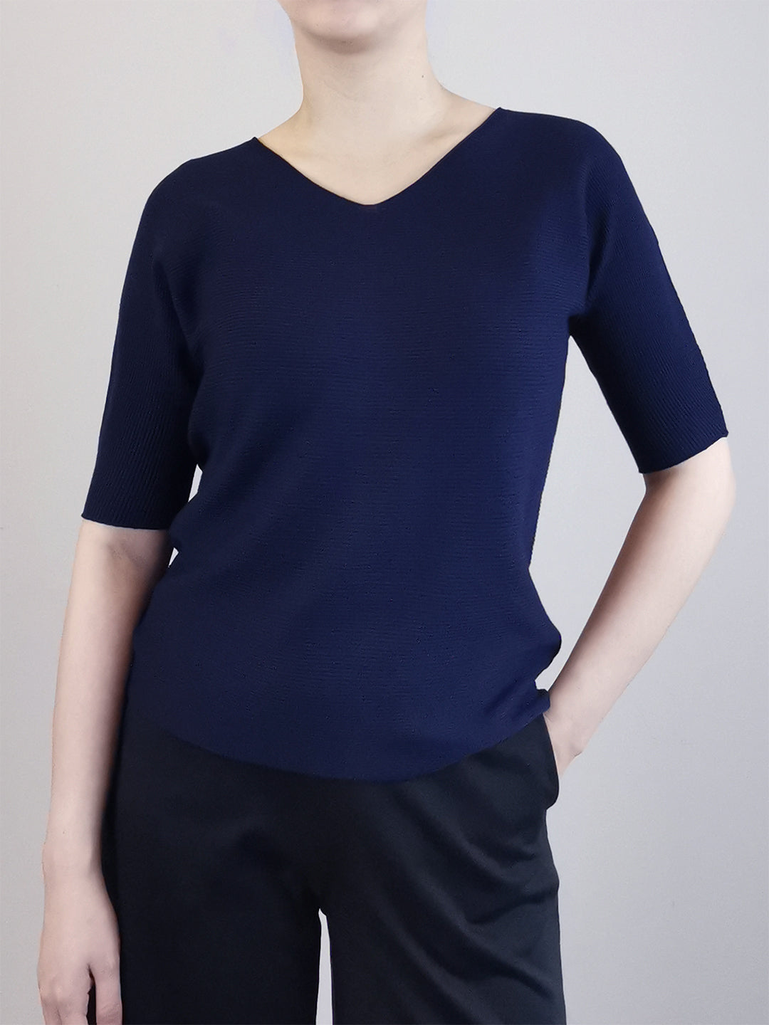 Women V-Neck Knit Top - Blue - M0W659