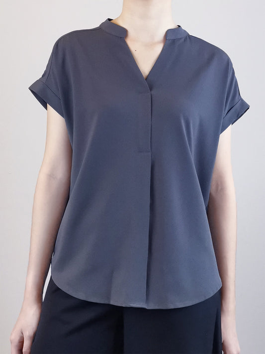 Women V-Neck Placket Blouse - Grey - M0W454