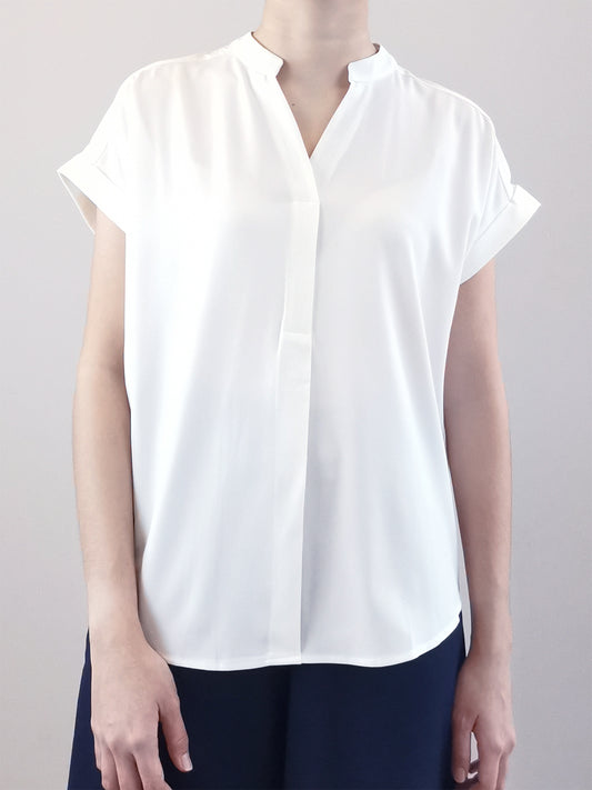 Women V-Neck Placket Blouse - White - M0W453