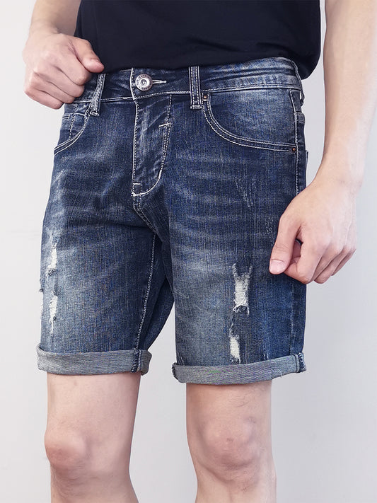 Men Ripped Denim Shorts - Dark Blue - F9M195