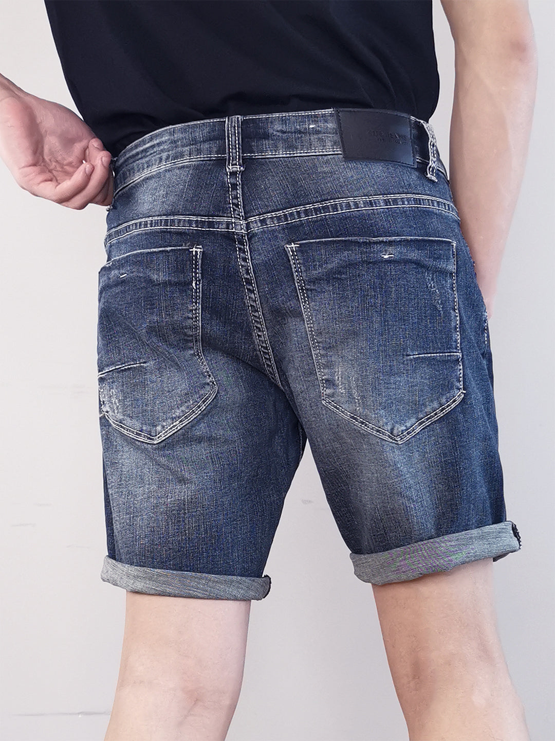 Men Ripped Denim Shorts - Dark Blue - F9M195