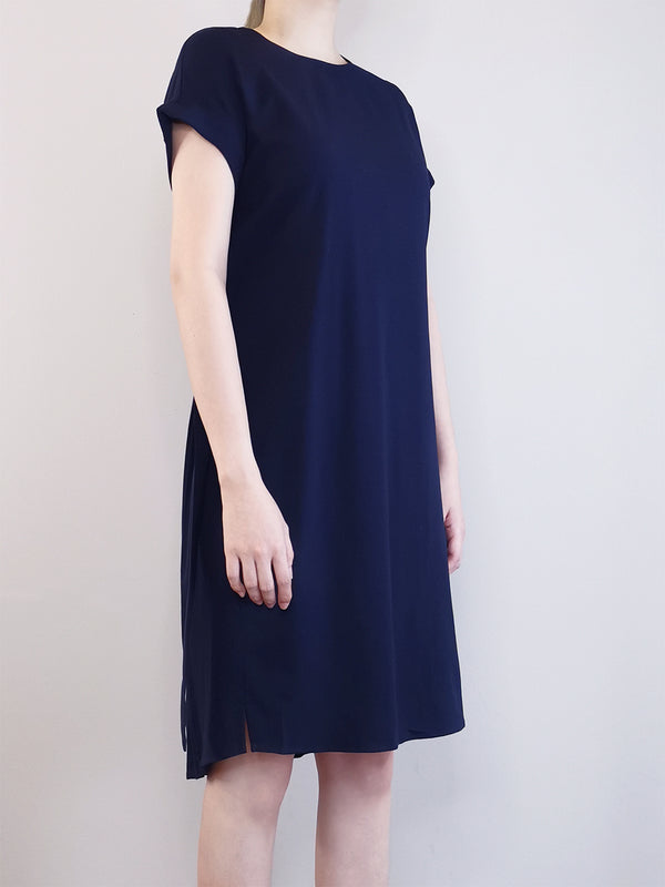 Women Pleated Detail Dress - Navy - M0W456