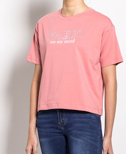 Women Short Sleeve Tee With Rhinestone - Pink - H0W782